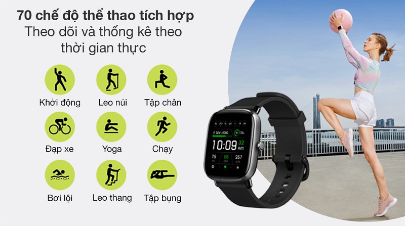 Đồng hồ th&ocirc;ng minh Amazfit GTS 2 mini được trang bị đến 70 chế độ luyện tập, theo d&otilde;i sức khoẻ 